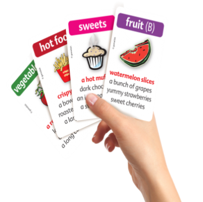 קלפים לדוגמה משחק מדברים על אוכל לתרגול אוצר מילים באנגלית בנושא